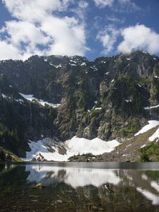 Preview wallpaper mountain, snow, river, bottom