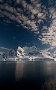 Preview wallpaper mountain, snow, sea, dawn, clouds, antarctica