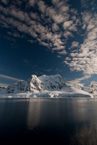 Preview wallpaper mountain, snow, sea, dawn, clouds, antarctica