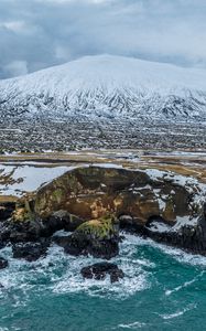 Preview wallpaper mountain, snow, slope, sea, shore