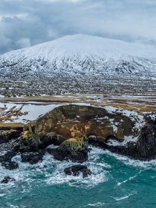 Preview wallpaper mountain, snow, slope, sea, shore