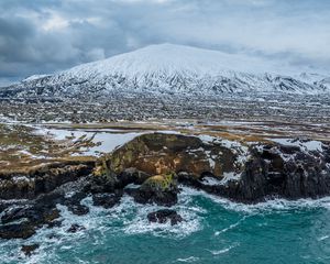 Preview wallpaper mountain, snow, slope, sea, shore