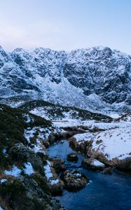 Preview wallpaper mountain, snow, stream, winter, nature