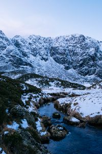Preview wallpaper mountain, snow, stream, winter, nature