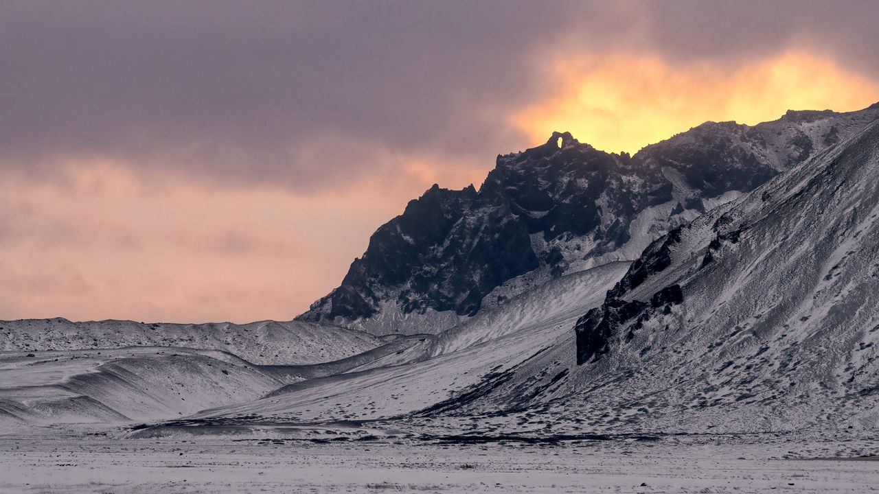 Wallpaper mountain, snow, sunset, dusk, nature, winter