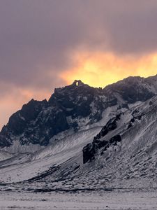 Preview wallpaper mountain, snow, sunset, dusk, nature, winter