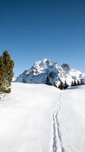 Preview wallpaper mountain, snow, traces, path, winter, landscape