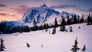Preview wallpaper mountain, snow, trees, clouds, winter