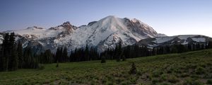 Preview wallpaper mountain, snow, trees, valley, grass