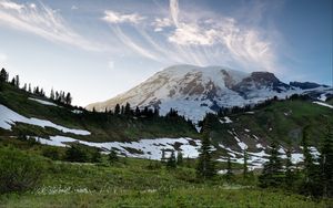 Preview wallpaper mountain, snow, trees, valley, grass, landscape