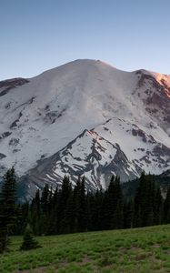 Preview wallpaper mountain, snow, trees, valley, grass, nature