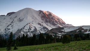 Preview wallpaper mountain, snow, trees, valley, grass, nature