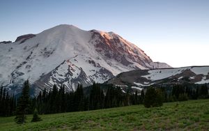 Preview wallpaper mountain, snow, trees, valley, grass, nature