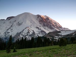 Preview wallpaper mountain, snow, trees, valley, grass, nature