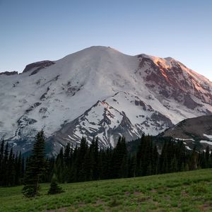 Preview wallpaper mountain, snow, trees, valley, grass, nature