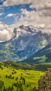 Preview wallpaper mountain, snow, valley, forest, landscape