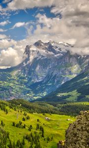 Preview wallpaper mountain, snow, valley, forest, landscape