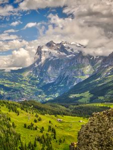 Preview wallpaper mountain, snow, valley, forest, landscape