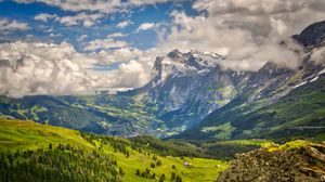 Preview wallpaper mountain, snow, valley, forest, landscape