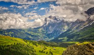 Preview wallpaper mountain, snow, valley, forest, landscape