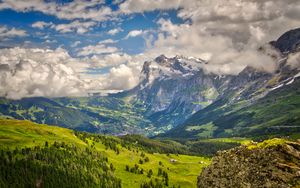 Preview wallpaper mountain, snow, valley, forest, landscape