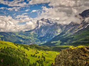Preview wallpaper mountain, snow, valley, forest, landscape