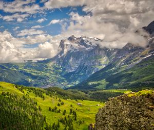 Preview wallpaper mountain, snow, valley, forest, landscape