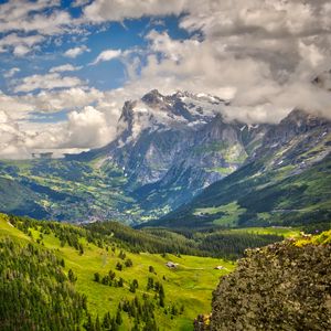 Preview wallpaper mountain, snow, valley, forest, landscape