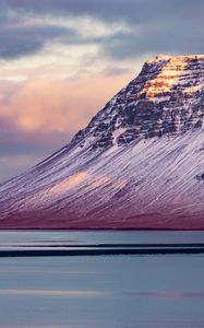 Preview wallpaper mountain, snowy, fjord, coast, landscape