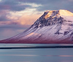 Preview wallpaper mountain, snowy, fjord, coast, landscape
