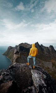 Preview wallpaper mountain, solitude, man, peak, norway