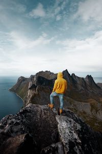 Preview wallpaper mountain, solitude, man, peak, norway