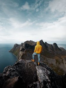 Preview wallpaper mountain, solitude, man, peak, norway