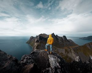 Preview wallpaper mountain, solitude, man, peak, norway