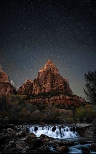 Preview wallpaper mountain, starry sky, night, stars, river