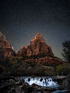 Preview wallpaper mountain, starry sky, night, stars, river