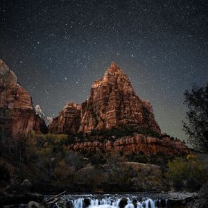 Preview wallpaper mountain, starry sky, night, stars, river