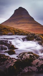 Preview wallpaper mountain, stream, cascade, long exposure, landscape