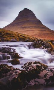 Preview wallpaper mountain, stream, cascade, long exposure, landscape