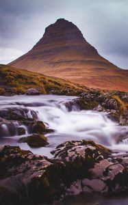 Preview wallpaper mountain, stream, cascade, long exposure, landscape