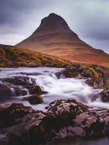 Preview wallpaper mountain, stream, cascade, long exposure, landscape