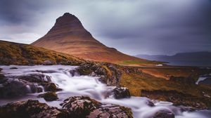 Preview wallpaper mountain, stream, cascade, long exposure, landscape