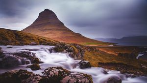 Preview wallpaper mountain, stream, cascade, long exposure, landscape