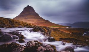 Preview wallpaper mountain, stream, cascade, long exposure, landscape