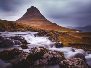 Preview wallpaper mountain, stream, cascade, long exposure, landscape