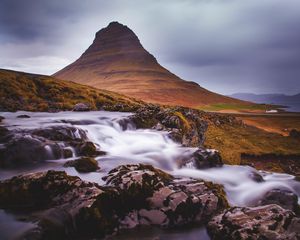 Preview wallpaper mountain, stream, cascade, long exposure, landscape