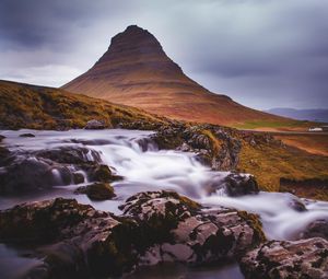 Preview wallpaper mountain, stream, cascade, long exposure, landscape