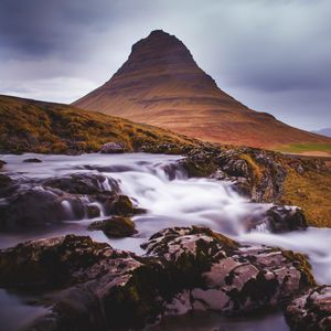 Preview wallpaper mountain, stream, cascade, long exposure, landscape