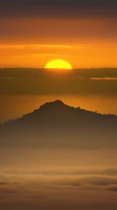 Preview wallpaper mountain, sun, clouds, dark, evening