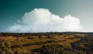 Preview wallpaper mountain, sunrise, clouds, grass